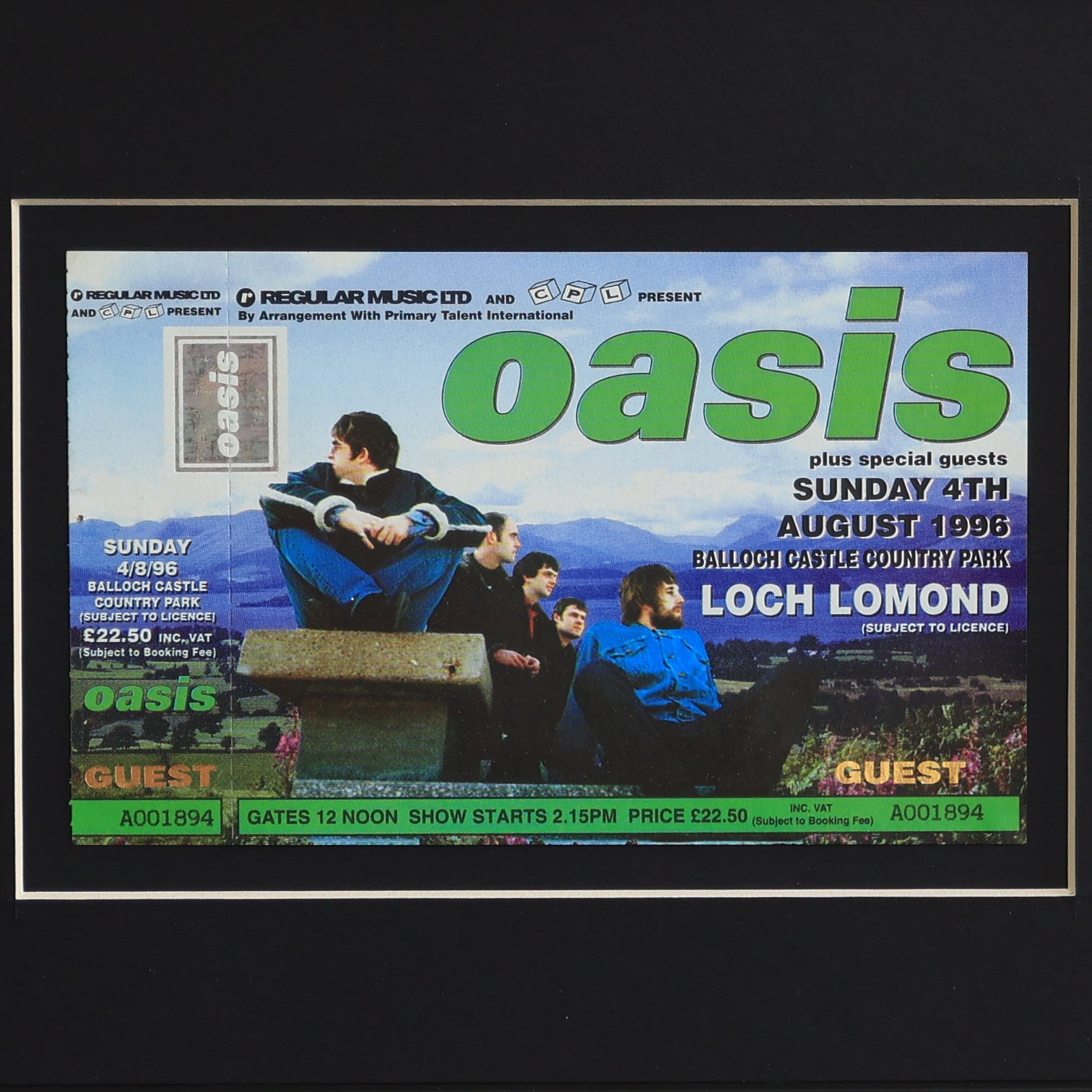 Oasis - UNUSED GUEST Loch Lomond 1996 Ticket Sun - New Item