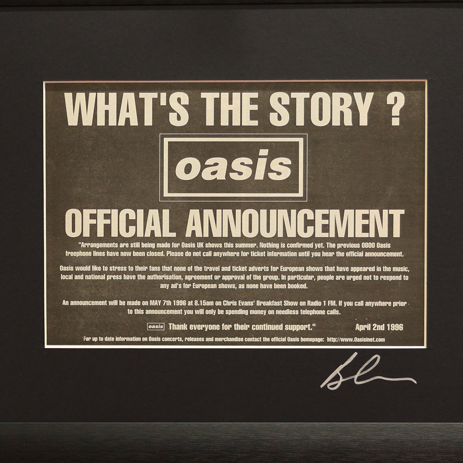 Oasis - Official Announcement Ad - 1996 Original - New Item